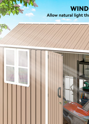 8' x 6' Metal Garden Storage Shed, Extra Large Outdoor Tool Storage House w/ Doors, Window and Air Vents, Brown