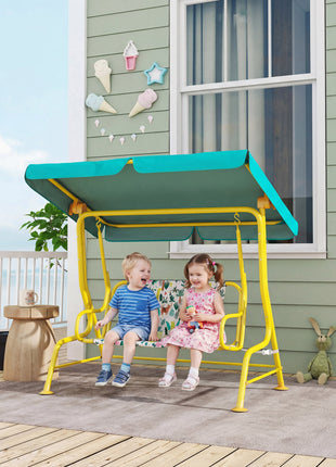 Kids Porch Swing, 2-Seater Patio Swing Bench with Safety Belts, Adjustable Canopy for Backyard, Garden, Green