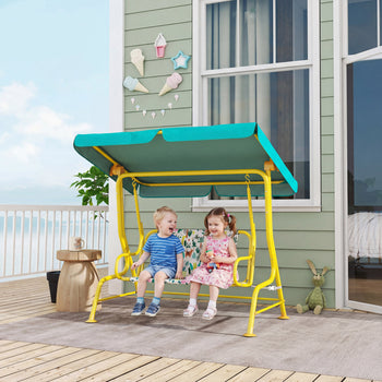Kids Porch Swing, 2-Seater Patio Swing Bench with Safety Belts, Adjustable Canopy for Backyard, Garden, Green