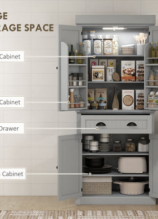 71" Kitchen Pantry Cabinet with LED Lights, 6 Door Shelves, a Drawer and 4 Adjustable Shelves, Gray