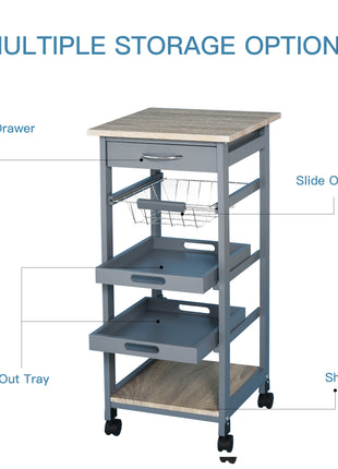 Mobile Kitchen Cart, Rolling Kitchen Island with Storage, Solid Wood Frame Utility Cart with Wire Fruit Baskets, Trays and Drawer, Gray