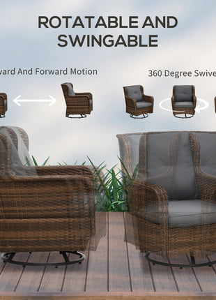 4 Piece PE Rattan Outdoor Patio Furniture Set, Wicker Conversation Set with 2 Swivel Glider Chairs, 2-Tier Glass Table and Loveseat for Garden, Patio, Poolside, Gray