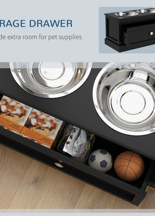 Elevated Dog Bowls with Storage Drawer, Raised Dog Bowl Stand Pet Food Bowl Dog Feeding Station, Black