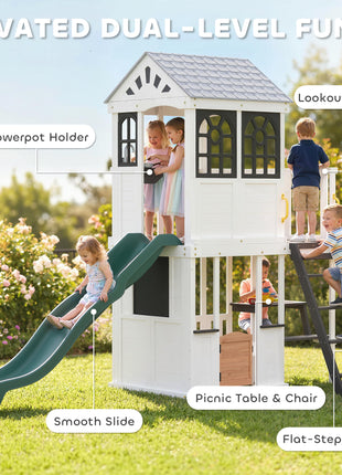 Two-Story Outdoor Playhouse, Wooden Kids Playhouse with Slide, Table & Bench, Play Kitchen, Ladder, Blackboard, White