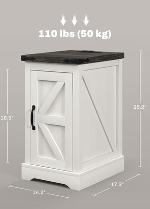 Farmhouse End Table with Storage, Side Table with Charging Station and USB Ports for Living Room, Distressed White