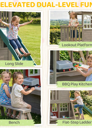 Two-Story Outdoor Playhouse, Wooden Kids Playhouse with Slide, Bench, BBQ Play Kitchen, Ladder, Lookout Platform, Clock