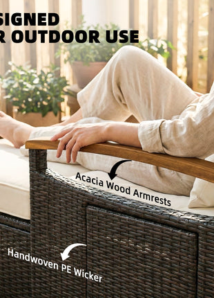 Rattan Outdoor Daybed w/4-Level Adjustable Backrest, Patio Sofa Bed w/Storage Ottoman, Acacia Wood Armrest, Beige