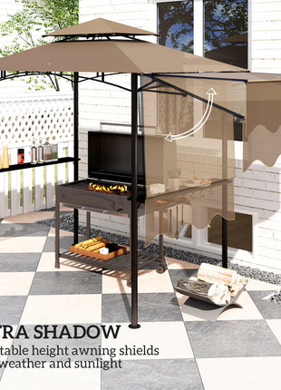 8' x 5' Outdoor Grill Gazebo, Barbecue Gazebo Shelter with Side Awning, 2 Side Shelves and 6 Hooks, Brown