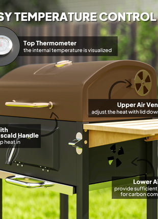 Charcoal BBQ Grill with 245 sq. in. Cooking Area, Adjustable Charcoal Pan, 3 Shelves, Thermometer, Black