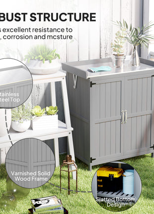 Outdoor Storage Cabinet, Garden Tool Shed with Metal Tabletop and Shelf, Wooden Potting Bench with 2 Doors, Gray