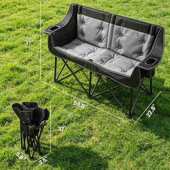 Heated Double Camping Chair, Oversized Folding Padded Camp Loveseat Couch with 3 Heat Levels and 4 Heating Zones