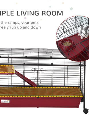 41"L Small Animal Cage, Pet Play House for Rabbit Hutch Ferret with Feeder, Rolling Wheels, Platform, Ramp