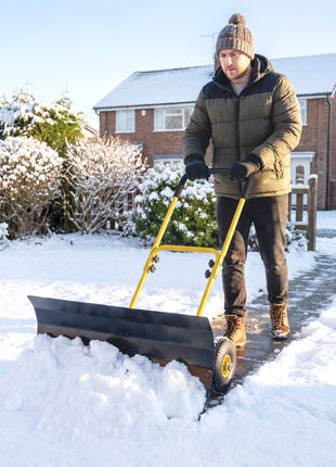 Snow Shovel with Wheels, 29" x 16.5" Metal Snow Pusher with Adjustable Handle, 5-Angle Blade for Driveway, Yellow