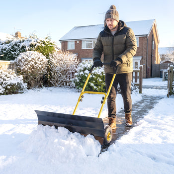 Snow Shovel with Wheels, 29" x 16.5" Metal Snow Pusher with Adjustable Handle, 5-Angle Blade for Driveway, Yellow