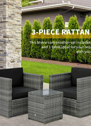 Wicker Bistro Patio Set, 2 Porch Chairs & Glass Table, Black
