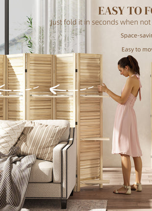 5 Panel 67" Tall Wood Privacy Screen Room Divider with 3 Shelves and Folding Storage for Bedroom, Natural Wood