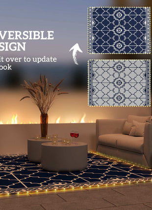 Reversible Outdoor Rug Carpet with LED Lights, 12' x 9' PP Straw Rug with Carry Bag and Ground Stakes