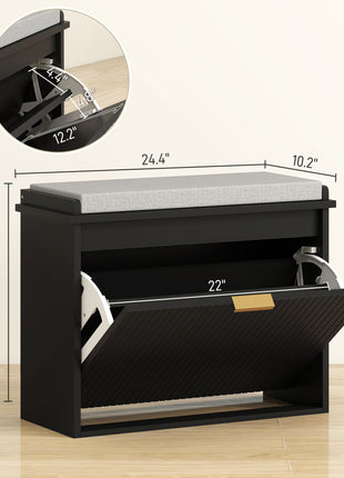 Shoe Storage Bench with Padded Seat Cushion and Flip-Drawer, Entryway Bench, Shoe Cabinet, 24.4x10.2x18.7 Inches, Black