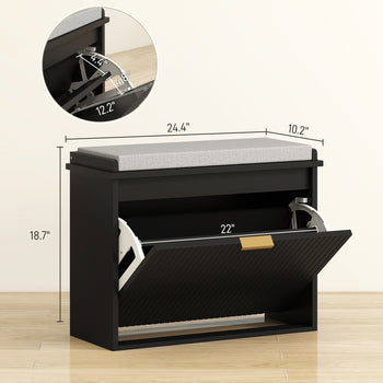 Shoe Storage Bench with Padded Seat Cushion and Flip-Drawer, Entryway Bench, Shoe Cabinet, 24.4x10.2x18.7 Inches, Black