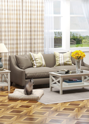 Coffee Table with Tempered Glass Tabletop, Living Room Table with Wood Frame and Underneath Storage Shelf, White Oak