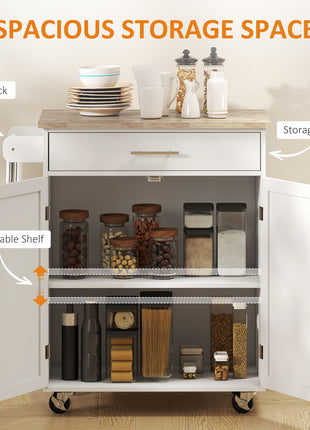 Kitchen Island Cart, Rolling Island Table with Solid Wood Top, Trolley Cart with Drawer, Storage Cabinet & Towel Rack, White