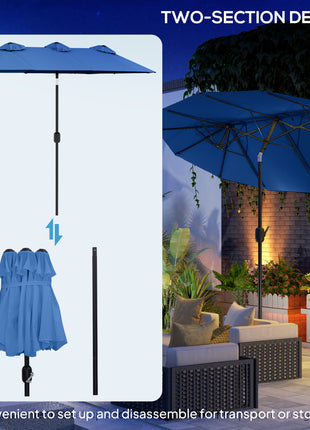 Double-sided Patio Umbrella, 9.5' Outdoor Umbrella with Push Button Tilt and Crank, 3 Air Vents and 12 Ribs, Navy Blue