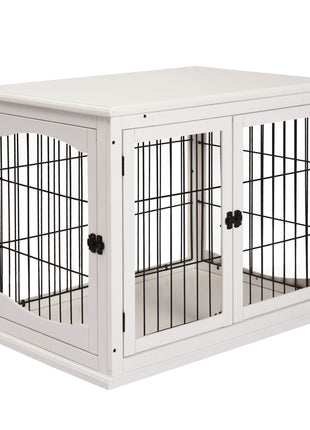 Dog Crate Furniture, 32" Small Dog Cage End Table with 2 Doors, Lockable Door, Puppy Kennel Indoor, White