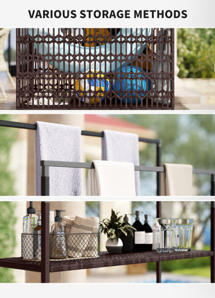 Wicker Pool Float Storage Organizer, PE Rattan Pool Float Holder with Basket Shelf Towel Bars, Rolling Pool Caddy for Floaties, Noodles, Life Vests, Beach Balls, Mixed-Brown