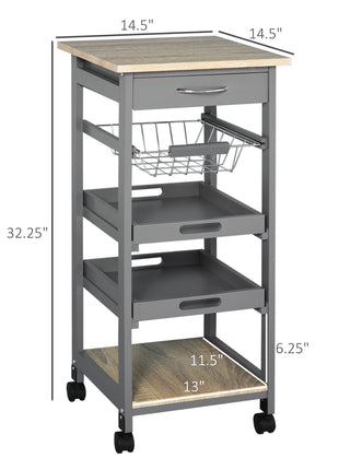 Mobile Kitchen Cart, Rolling Kitchen Island with Storage, Solid Wood Frame Utility Cart with Wire Fruit Baskets, Trays and Drawer, Gray