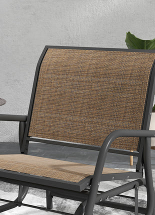 2 Pieces Outdoor Glider Chair, Steel Swing Chai with Curved Armrests for Porch, Garden, Poolside, Balcony, Mixed Brown