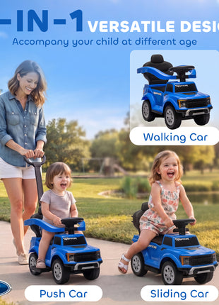 3 In 1 Licensed Ford Kids Push Car with Push Handle, Horn, Sound, Secure Bar, Storage, for Toddlers 18-36 Months, Blue