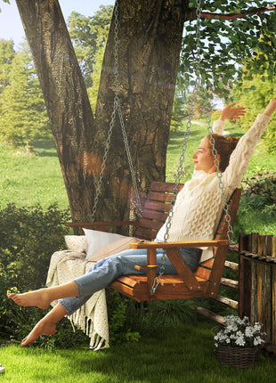 3-Seater Swing Bench, Wooden Porch Swing with Cupholders, Hanging Chains for Patio Garden, Carbonized