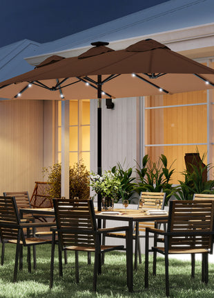 Double-sided Patio Umbrella, 9.7 ft. Outdoor Umbrella with 45-Degree Tilt and Crank, LED Solar Light and 12 Ribs, Coffee