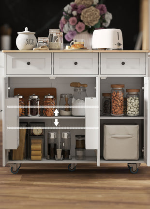 Kitchen Island on Wheels with Drop Leaf, Charging Station, Rolling Kitchen Cart with Wood Top, Adjustable Shelf, White