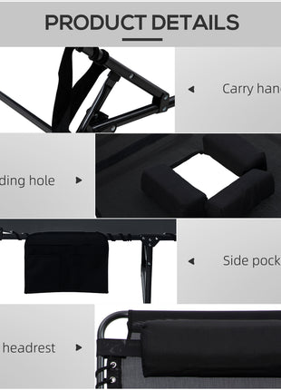 2 Piece Folding Chaise Lounge Pool Chairs with 5-level Reclining Back, Reading Hole, Side Pocket, Black