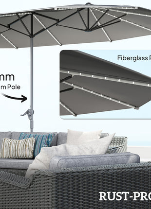 15ft Double-Sided Outdoor Umbrella with Solar Lights, UPF50+ Extra Large Aluminum Patio Umbrella with Crank, Dark Gray