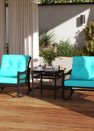 3 Piece Outdoor PE Rattan Rocker Chair Set, Rocking Chair with Tempered Glass Table Top, Turquoise Green
