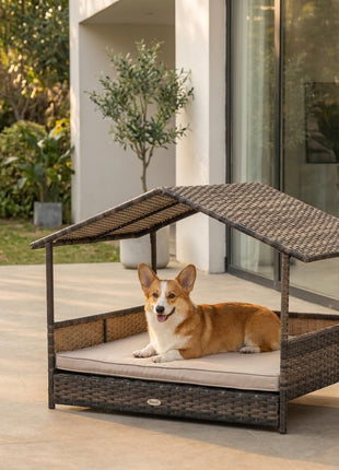 Wicker Dog House Outdoor with Canopy, Rattan Dog Bed with Water-resistant Cushion, Raised Dog Bed for Small, Medium Dogs up to 66 lbs, 19.75" in Length, Brown Wicker, White Cushion