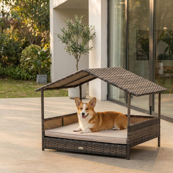 Wicker Dog House Outdoor with Canopy, Rattan Dog Bed with Water-resistant Cushion, Raised Dog Bed for Small, Medium Dogs up to 66 lbs, 19.75" in Length, Brown Wicker, White Cushion