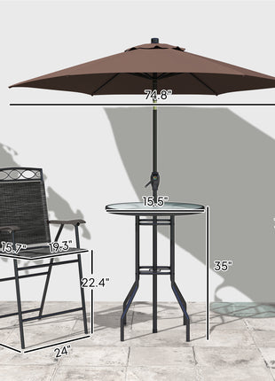4 Piece Outdoor Bar Set with Umbrella, Patio Dining Set with 2 Folding Chairs, Wave Textured Tempered Glass Table for Backyard, Garden, Deck, Poolside, Black