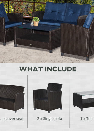 4 Pieces Patio Furniture Sets with Cushions, PE Rattan Wicker Conversation Chairs with Two-Tier Coffee Table for Backyard Porch Garden Poolside and Deck, Blue