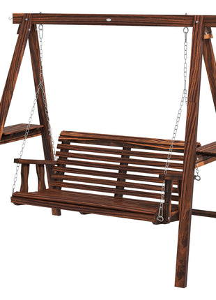 2-Seat Outdoor Swing Chair with Stand and Side Tables for Garden, Poolside, Backyard, Carbonized