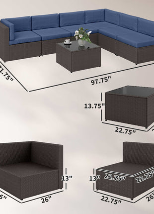7 Piece Patio Furniture Set, All Weather PE Rattan Outdoor Furniture Conversation Sets with Glass Top Coffee Table