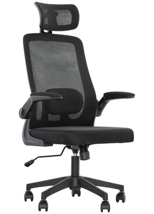 Mesh Office Chair, Ergonomic Desk Chair with Flip-up Armrest, Rotatable Headrest, Adjustable Lumbar Support, Black
