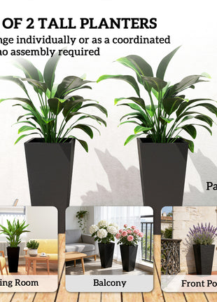 23 Inch Tall Planters for Outdoor Plants, Set of 2 Plastic Flower Pots, for Front Door Patio Garden Use, Black