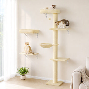 Cat Wall Shelves, 3-in-1 Cat Wall Furniture Set with Scratching Post for Indoor Kittens Climbing Sleeping, Beige