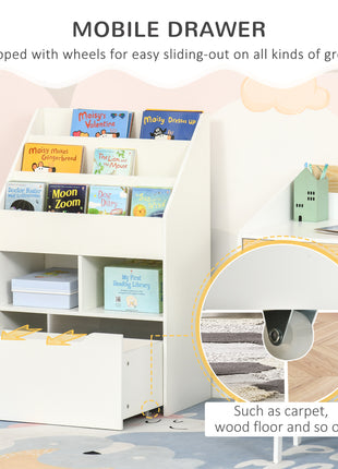 Kids Bookcase Multi-Shelf Book Rack with Mobile Drawer for Books, Toys, White