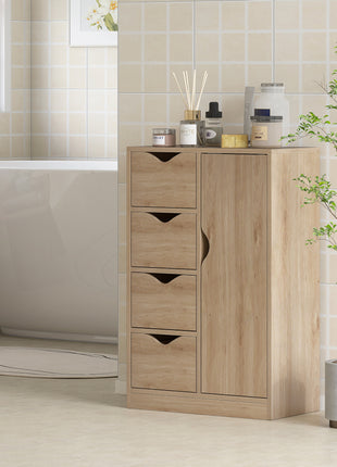 Freestanding Storage Cabinet, Bathroom Floor Cabinet with 4 Drawers and Door, Oak