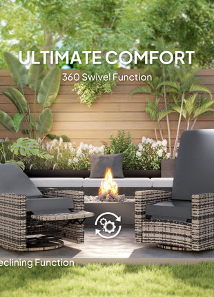 Outdoor Wicker Swivel Recliner Chair, Lifting Footrest, 360° Rotating Basic, Water-resistant Cushions, Gray
