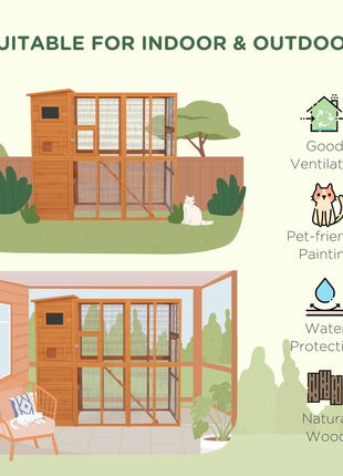 Wooden Outdoor Catio with Platforms, Asphalt Roof, Ramps, Natural